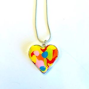 Multicolored Hand Painted Heart Pendant Necklace In Silver Setting